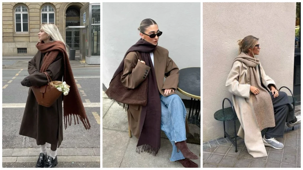 Пальто с шарфом — практично и стильно, добавляет многослойности.