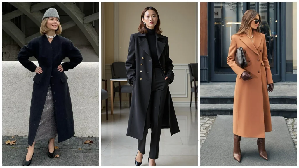 Приталенное пальто — мягкий акцент на талию, но без жёсткого облегания. Подходит как для платьев, так и для костюмов.