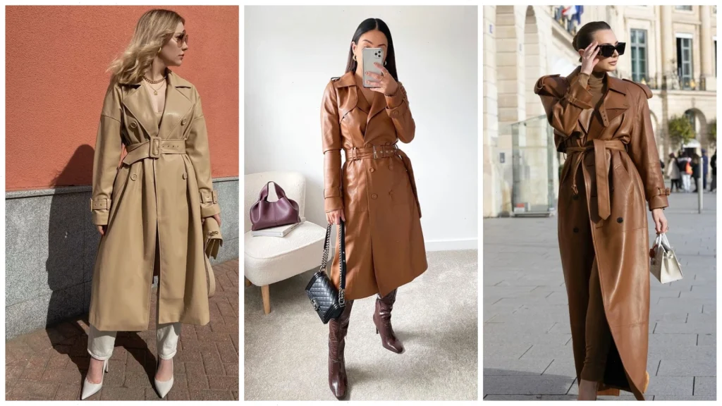 Кожаное пальто — минималистичное, в тёмных приглушённых цветах.