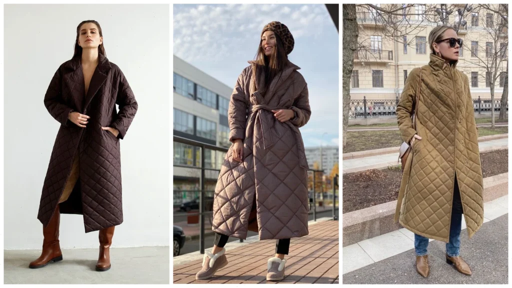 Стёганое пальто — удобное, тёплое, с поясом или в длине макси. Лучше выбирать из матовых тканей.